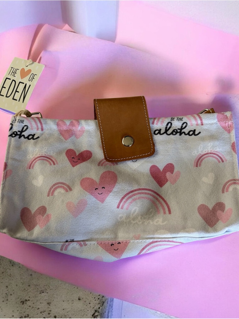 Pink Heart & Rainbow Canvas Crossbody Bag with Tan Flap